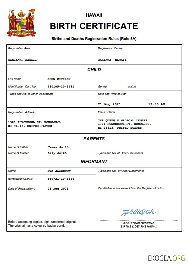 Modèle Word et PDF d'acte de naissance à Hawaï